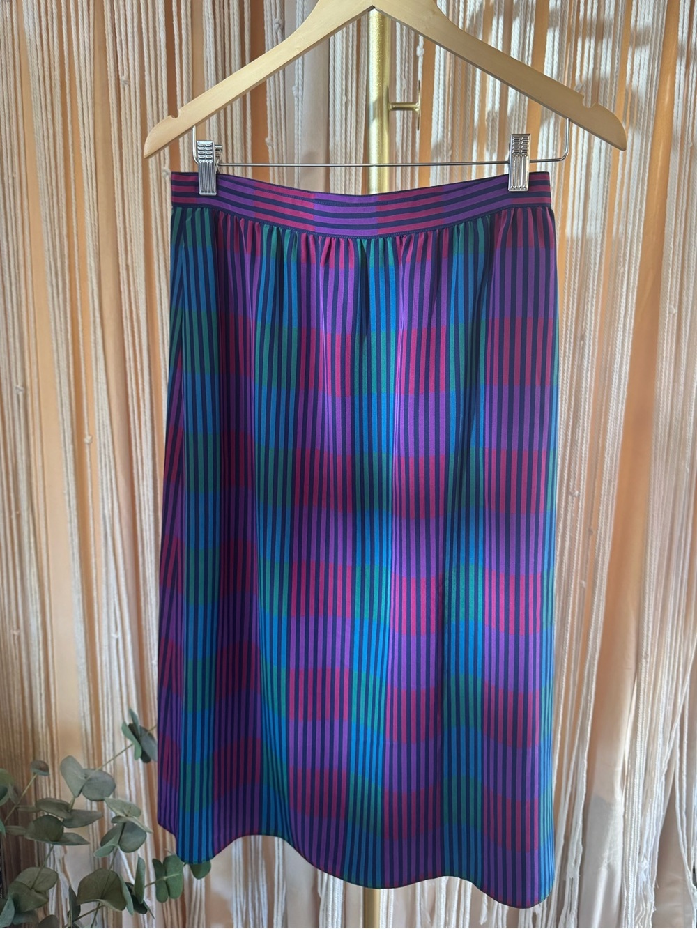 VTG 80s Jewel Tone Striped Midi Skirt High Waist A-Line Multi Color Pinstripe